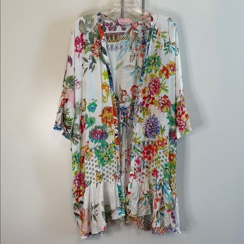 Johnny Was Gorgeous Pink and Blue Floral Kimono with Tie Front, Ruffles S